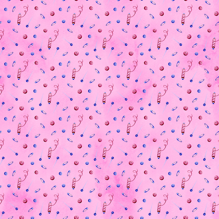 Seamless watercolor pattern of various sewing tools. Sewing kit, accessories and equipment for sewing. Tools for needlework. Scissors, buttons, bobbins with thread and needlesの写真素材