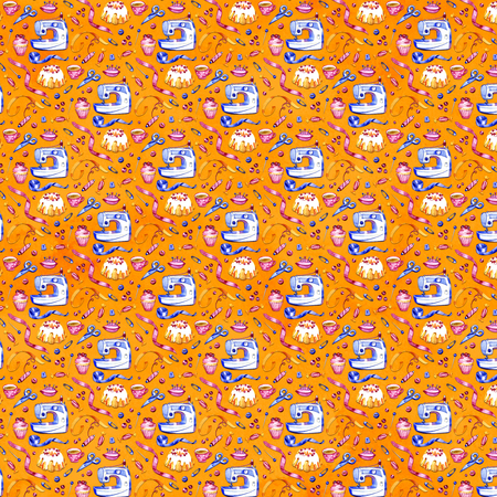 Seamless texture with cranberry and sewing accessories on a yellow background.の写真素材