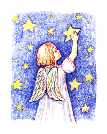 Christmas cute angel with star. Color pencil illustration.の写真素材