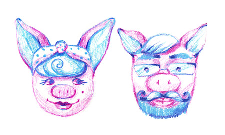 Piggy hipster pin up themed illustration on white background.の写真素材