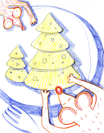 Mice have made a tree of cheese and have dressed up it as a New Year tree.の写真素材