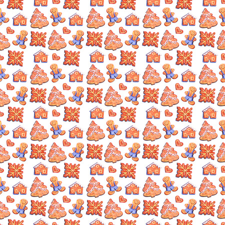 Christmas gingerbread seamless pattern. Ginger cookies on blue background. Cute Xmas background for wallpaper, gift paper, pattern fills, textile, greetings cardsの写真素材