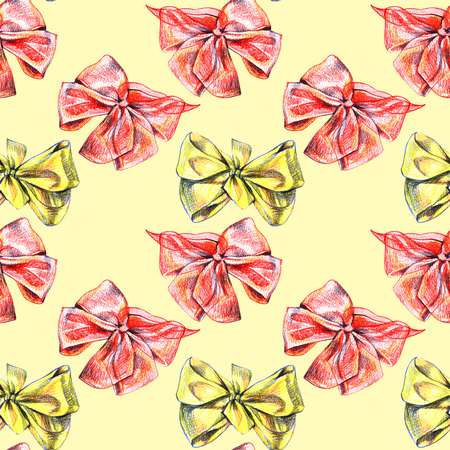 Seamless pattern with red and yellow bows. Hand draw color pencil illustration.の写真素材