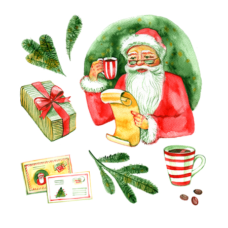 Vintage watercolor cute Santa Claus drinking hot tea, coffee and reads letters.の写真素材