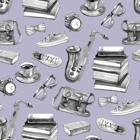 Hand drawn painted seamless pattern with watercolor sketch of isolated lifestyle objects on whiteの写真素材