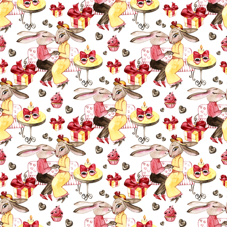 Loving rabbits, sweet cups, chocolate and heart seamless pattern. Valentine background. lovely cup texture. watercolor texture with cup and heart. coffee background. love fabricの写真素材
