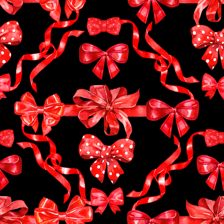 Seamless pattern with ribbon bows. Watercolor illustration on black background.の写真素材