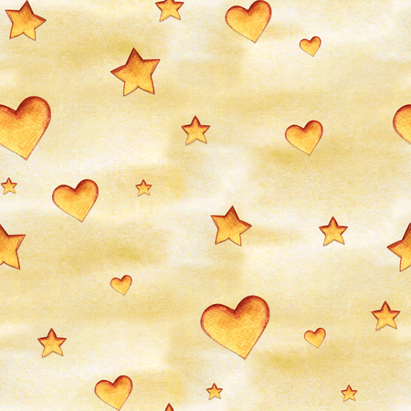 Cute abstract watercolor seamless pattern with hearts and stars.の写真素材