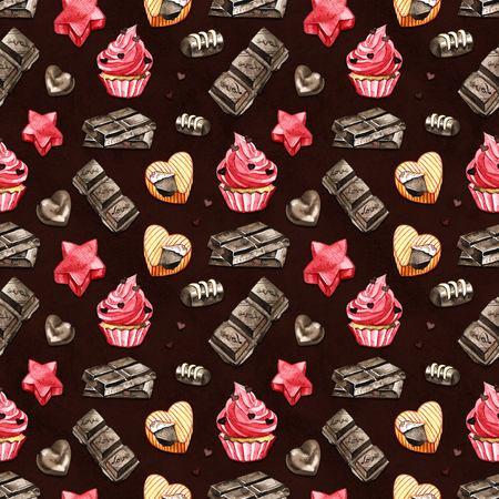 Sweet seamless pattern with chocolate. Watercolor Valentine illustration for any event decorationの写真素材