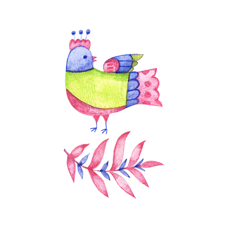 Slavic folk art bird and flowers. Watercolor fairy motif for Eastern European hand crafted floral ornament on whiteの写真素材