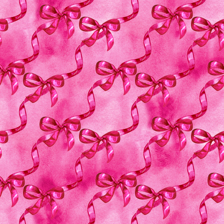 Watercolor bows, hand drawn pink ribbons, seamless pattern, decorative painting illustration for design greeting card, wedding invitation, packaging, advertising holidayの写真素材