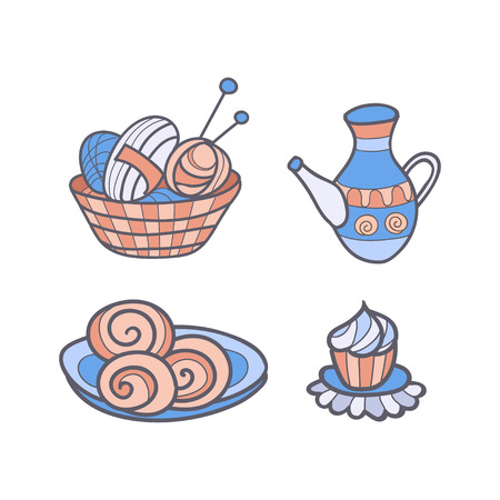 Knit workshop, creative course, master class vector template badge, sign, label.Text knit together. Freehand drawn line concept knitting accessories, cup tea and wool ball on white background.のイラスト素材