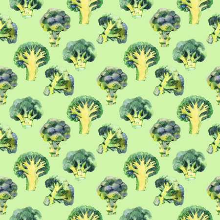 Seamless pattern with broccoli. Watercolor illustration. Food background.の写真素材