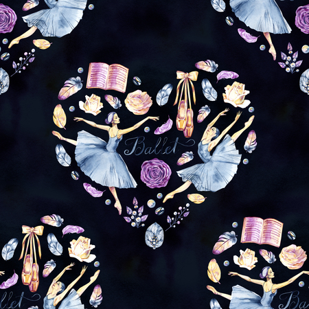 Watercolor handpainted collection with ballerinas, pointe shoes, ballet accessories, flowers, feathers, frames, wreaths, cards, lettering, heart of feathers and more.の写真素材