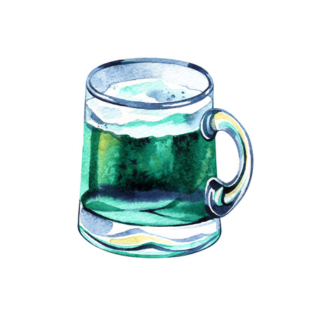 Beer mug with green beer for Saint Patrick day. Watercolor with splashing, drops for irish holidayの写真素材