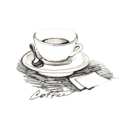 Illustration Hand Drawn Sketch of A Cup of Coffee Isolated on White Background.の写真素材