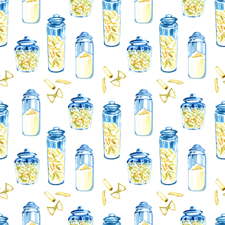 Pasta. Seamless pattern. Hand-drawn food. Real watercolor drawing. Painting illustration.の写真素材
