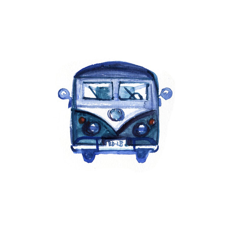 Watercolor Vintage Hippie Camper Van, isolated on white background. Retro illustration. Element for your design. Watercolor texture.の写真素材