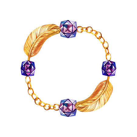 Golden chain belts glamour illustration in a watercolor style background. Clothes accessories set trendy vogue outfit. Watercolour drawing fashion aquarelle. Frame border ornament.の写真素材