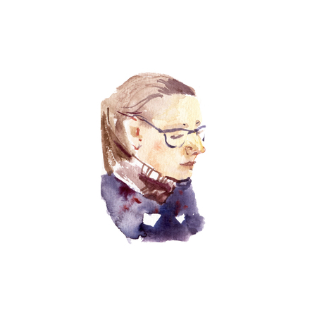 Watercolor girl in the glasses. Sketch illustration on white background.の写真素材