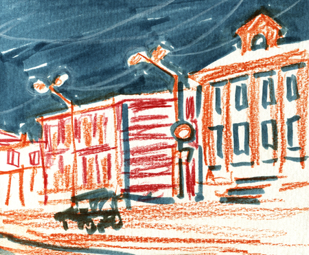 Sketch illustration - night Old City. The car goes down the streetの写真素材