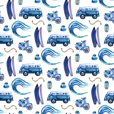 Sea wave seamless pattern. Abstract watercolor hand drawn illustration, Isolated on white backgroundの写真素材