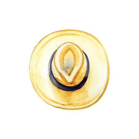 Yellow straw beach sun hat with black ribbon, summer accessory, isolated object, summer vacation and travel symbol, hand drawn watercolor illustration on white backgroundの写真素材