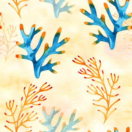 Seamless pattern with marine plants, leaves and seaweed. Hand drawn marine flora in watercolor style.の写真素材