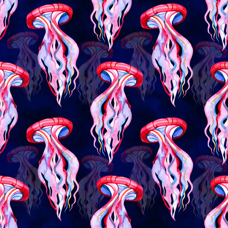 Seamless pattern with underwater life objects. Marine design-shell, sea star. Watercolor hand drawn...
