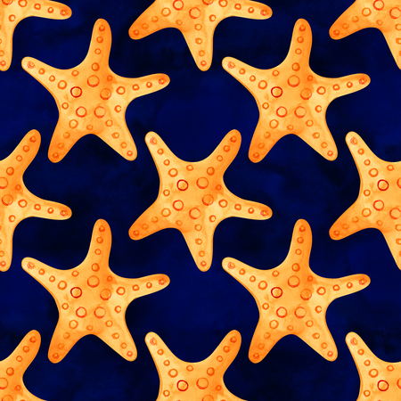 Seamless pattern with underwater life objects. Marine design-shell, sea star. Watercolor hand drawn painting illustration. Element for posters, greeting cards.の写真素材