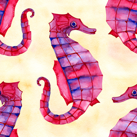 Watercolor seahorse seamless pattern. Underwater world image. Watercolor hand drawn illustration.の写真素材