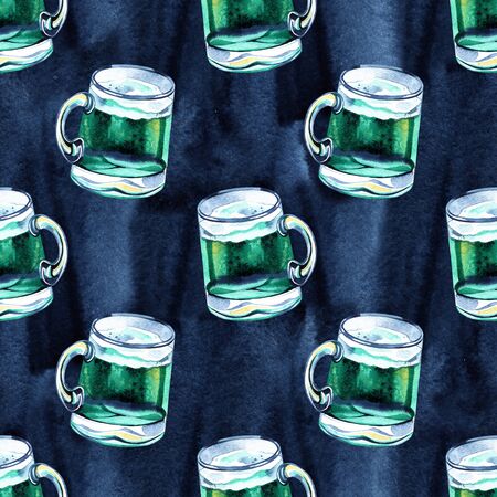 Seamless background with St. Patricks Day symbols. Watercolor hand drawn illustration with glass of beer. Holiday pattern.の写真素材