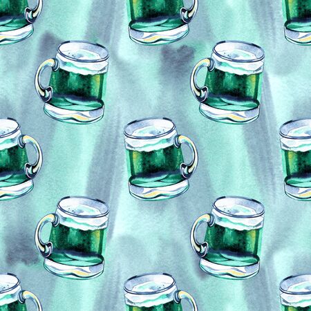 Seamless background with St. Patricks Day symbols. Watercolor hand drawn illustration with glass of beer. Holiday pattern.の写真素材