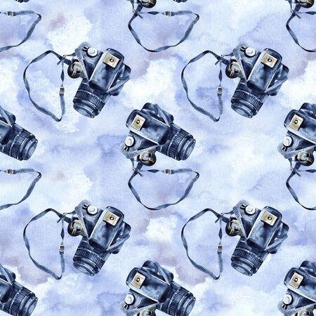 Seamless pattern with watercolor photo camera. Background with hand painted camera perfect for textile and scrapbooking.の写真素材