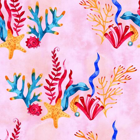 High quality watercolor seamless pattern with underwater life objects. It can be used for wallpaper, background, print, textile design, wrapping paper, cover.の写真素材