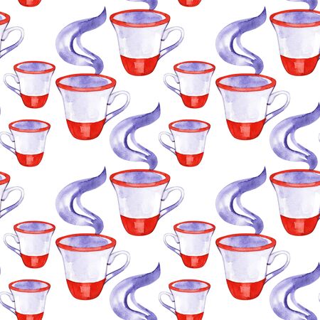 Watercolor seamless pattern of color cups with tea.の写真素材