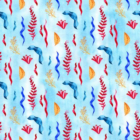 High quality watercolor seamless pattern with underwater life objects.の写真素材
