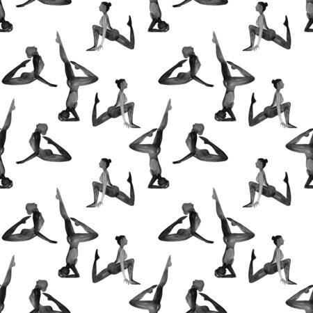 Yoga Poses Collection. Watercolor seamless pattern. Black and white.の写真素材