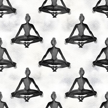Yoga Poses Collection. Watercolor seamless pattern. Black and white.の写真素材