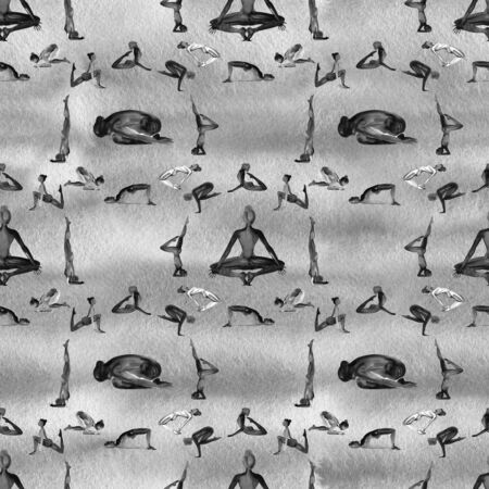 Yoga Poses Collection. Watercolor seamless pattern. Black and white.の写真素材