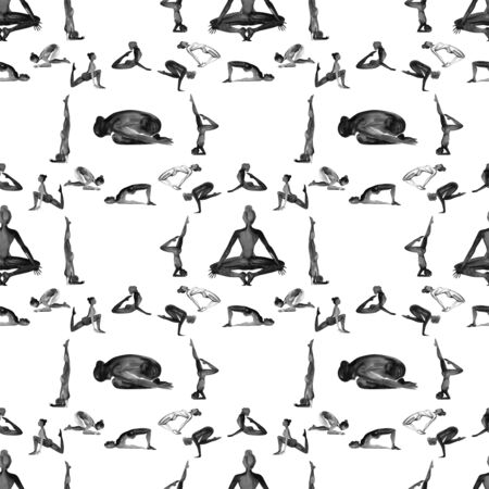 Yoga Poses Collection. Watercolor seamless pattern. Black and white.の写真素材