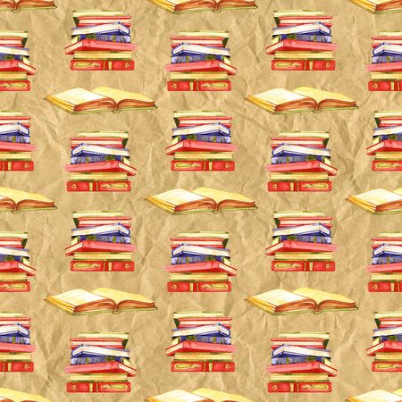 Watercolor books seamless pattern illustration. Hand painted stack of books isolated on white background.の写真素材