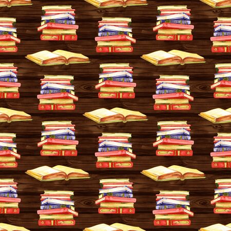 Watercolor books seamless pattern illustration. Hand painted stack of books isolated on white background.の写真素材
