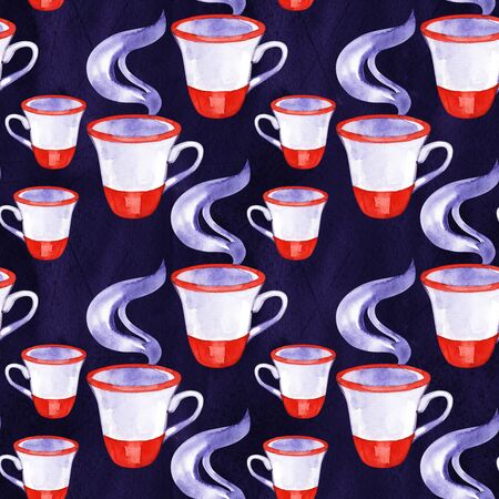 Watercolor seamless pattern of color cups with coffeeの写真素材