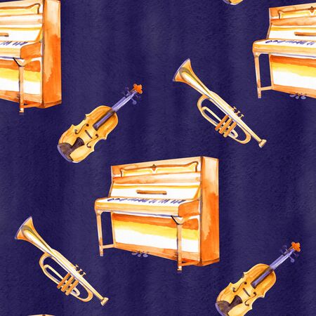 A seamless pattern with hand drawn music instruments on a watercolor background texture.の写真素材