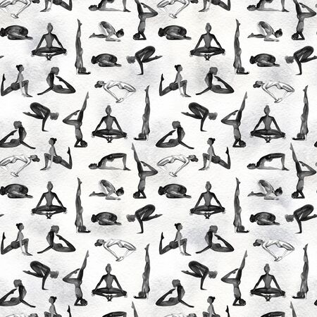 Yoga Poses Collection. Watercolor seamless pattern. Black and white.の写真素材