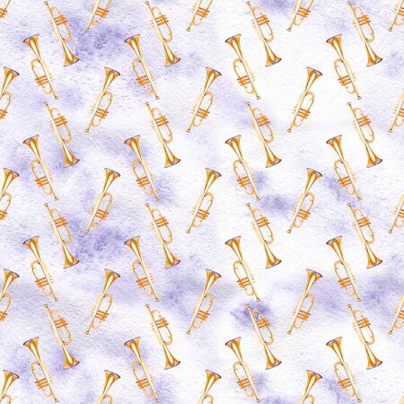 A seamless pattern with hand drawn music instruments on a watercolor  texture.の写真素材