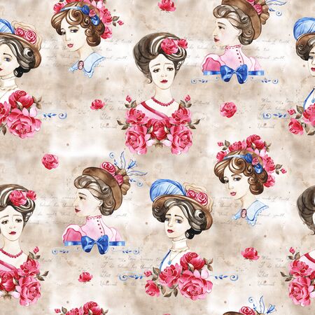 Seamless vintage woman pattern.の写真素材