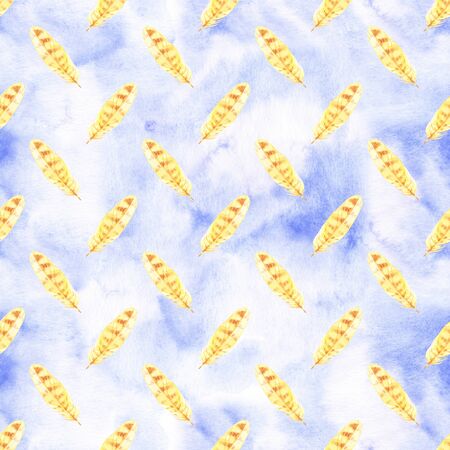 Watercolor hand painted yellow feathers  seamless pattern isolated on whiteの写真素材