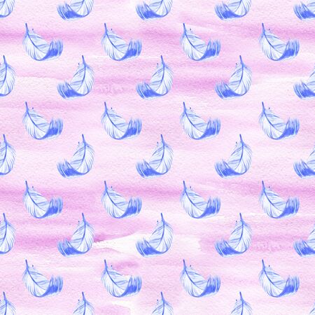 Hand painted watercolor feathers seamless pattern on whiteの写真素材